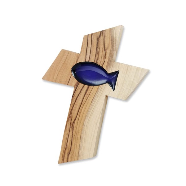 Wooden cross made from olive wood with a blue fish