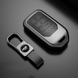 Metal Car Keycase Leather Remote Car Key Cover Key Bag Shell for Honda CR-V HR-V Pilot City Jazz Civic Grace Key Chain (Full Black)