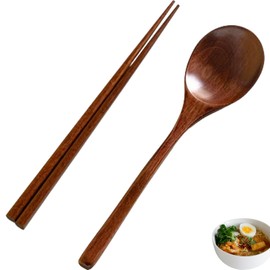 2-Piece Chopsticks and Spoon Set - Made of Wood, Asian Soup Spoon, Japanese Ramen Spoon, Reusable Chopsticks Wood, Serving Spoon, Tablespoon, Wooden Tableware Kitchen (23.5 cm)