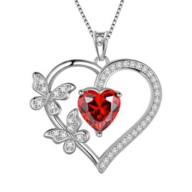 Love Heart Butterfly Necklaces 925 Sterling Silver Red Garnet January Birthstone Heart Pendant Necklace Crystal Jewelry Gifts for Women and Girls DP0377J