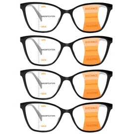 VisiWell 4 Pack Progressive Multifocus Reading Glasses for Women Men Blue Light Blocking Readers with Spring Hinge (4 Black, 1.5, x)
