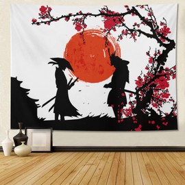 feelacle Japanese Tapestry Anime Samurai Tapestry 80" X 60" Cherry Blossom Japanese Style Wall Hanging Party Decorations Home Decor For Bedroom Living Room Dorm (200 X 150cm)