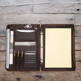 Geslun Genuine Leather 3 Ring Binder Portfolio, 8.5 x 14 Legal Size Pad Holder, Hidden Handle, Zippered Padfolio with 15” Laptop Organizer, Professional Business Folio for Men Women, Dark Brown