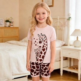 Akyzic Baby Girls Cute Giraffe Sleepwear Pjs Kids 100% Cotton Short Sleeve Pajamas Ses Toddler Girls 2 Piece Summer Pajamas Clothes 6803-5T
