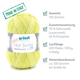 Gründl Hot Socks Malcesine Sock Wool 75% Virgin Wool (Superwash) and 25% Polyamide, Made in Italy, 4-Ply Sock Yarn, 100 g / 420 m, Needle Size: 2.5 mm - 3 mm, 1 x 100 g), Lemon Multicoloured
