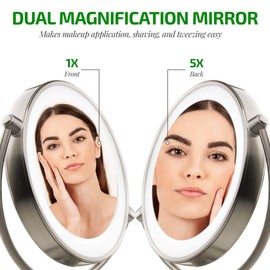 Ovente 9.5" Lighted Tabletop Makeup Mirror, 1X & 5X Magnifier, Adjustable Spinning Double Sided Round LED, Dimmer Switch, Battery USB Powered, Vanity & Skin Care, Nickel Brushed MGT95BR1X5X