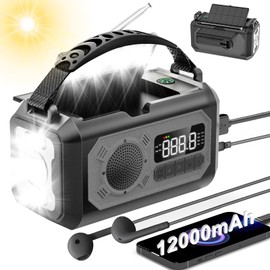 (12,000 mAh Large Capacity) Disaster Prevention Radio, Solar Multi-functional Radio, Hand Crank Radio, Flashlight, Reading Lamp, AM/FM Portable Radio, SOS, Emergency Alarm, Built-in 12,000 mAh