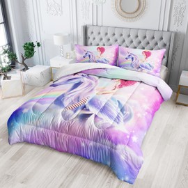 Nttopship Colored Unicorn Comforter Sets Twin Size， Bedding Sets for Kids,Cute Angels and Rainbow Clouds Comforter Sets All Season 1 Comforter and 2 Pillowcases