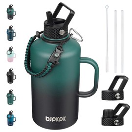 BJPKPK 2/3 Gallon Water Bottle Insulated with Straw Lid, 50oz,64oz,87oz,128ozLarge, Stainless Steel Water Bottles with 3 Lids and Paracord Strap,Double Wall Vacuum Metal Water Jug,Army Green&Black
