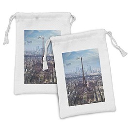 Ambesonne Eiffel Tower Fabric Pouch Set of 2, Aerial View of Eiffel Tower Clear Day Boulevard Busy Town Park Skyscrape, Small Drawstring Bag for Toiletries Masks and Favors, 9" x 6", Pale Blue Brown