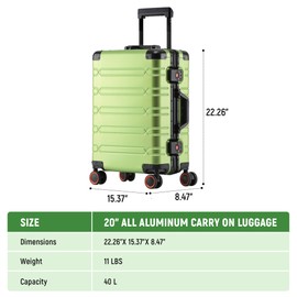 All Aluminum Carry On Luggage Hard Shell Suitcases with Spinner Wheels 22x14x9 Airline Approved Zipperless Luggage 20 inch Small Carry On Suitcase for Short Trips, Fruit Green