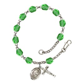 St. Dymphna Silver Plate Rosary Bracelet 6mm August Green Fire Polished Beads Crucifix Size 5/8 x 1/4 medal charm