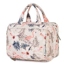 Full Size Toiletry Bag Large Makeup Bag Organizer Travel Cosmetic Bag for Women (Beige Flamingo)
