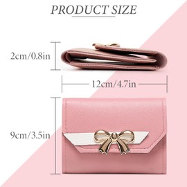 FuninCrea Women's Small Purse with Bow, Women's Small Purse Leather Wallet Women's Bifold Women's Wallet with ID Window and 4 Card Slots, pink, Modern