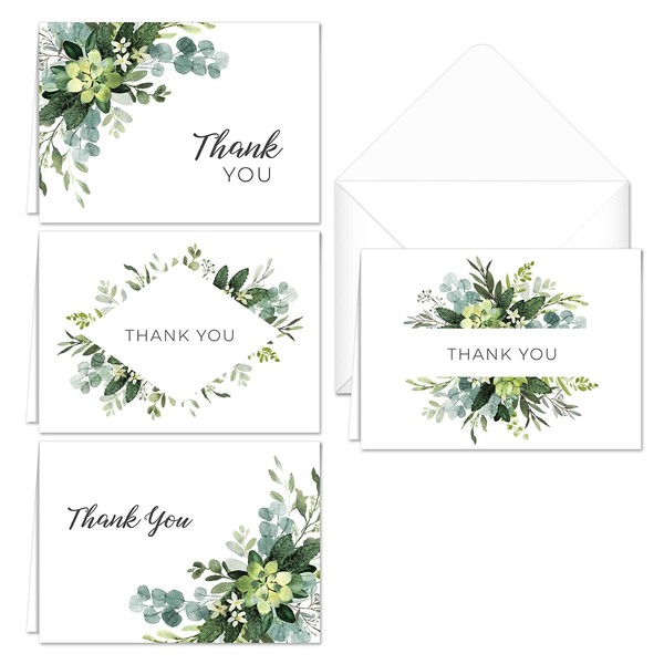 Lush Greenery Thank You Notes / 24 Cards And Envelopes / 4 Green Floral Designs / 4 7/8" x 3 1/2" Thanks Cards/Made In The USA