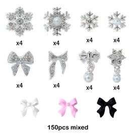Gehaiwo 182PCS Snowflake Bow Nail Charms 1Box Nail Pearls 1 Box Fluffy Ball Charms，Silver Alloy Nail Accessories White Black Pink Bow Nail Jewels for Nail Art Supplies DIY Nail Craft