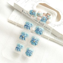 24Pcs Summer Press on Toenails Blue Toe Nail Press ons with 3D Flower Heart Rhinestones Designs French Tip Press on Toenails for Women