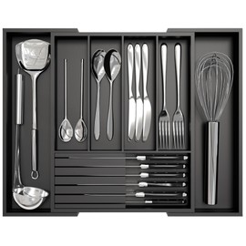 Bamboo Kitchen Silverware Drawer Organizer - Expandable Wood Utensil Holder with Dividers, Luxury Cutlery Storage Tray for Kitchen Utensil and Flatware (5-7 Slots with Removable Knife Block, Black)