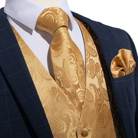 DiBanGu Men's Gold Paisley Vest and Necktie Set 6PCS Pre-tied Bow Tie Silk Formal Waistcoat for Wedding Party, Gold, M