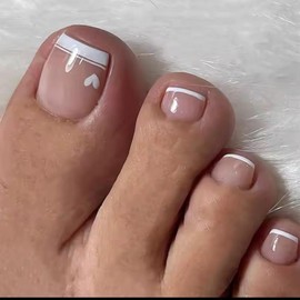 24Pcs/set French Style Heart Pattern Summer Toe Press On Nails - Glossy Pinkish Artificial Reusable Manicure False Nails - Nail Art, Nail Care