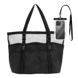 Geluode Oxford-Nylon-Netz-Strandtasche mit transparenter, wasserdichter Handytasche, robuste, sanddichte schwarze Tragetasche für Schwimmen, Urlaub, Reisezubehör (1 Tasche + 1 Handyhülle), Schwarz