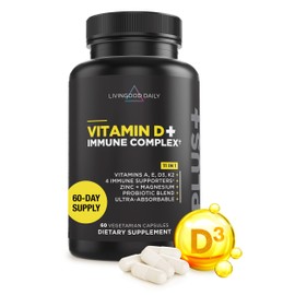 Livingood Daily Vitamin D + Immune Complex, Made with Vitamin D3 K2, Zinc, Magnesium, Vitamins E & A and Probiotics, Immune Support Supplement, Advanced Absorption, Gluten Free, Non GMO, 60 Capsules