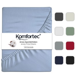 Komfortec Queen Size Fitted Sheet 100% Cotton, 11 inch (30 cm) Deep Pocket - Light Blue