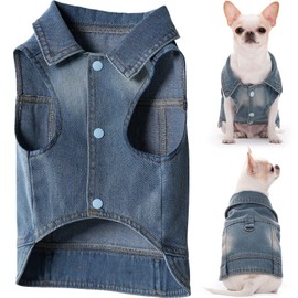Cantuccistudio Stylish Denim Dog Jacket with Leash Ring, Compatible with Leash, Perfect for Small to Medium-Sized Dogs, Trendy Year-Round Harness Vest, Machine Washable (Medium)
