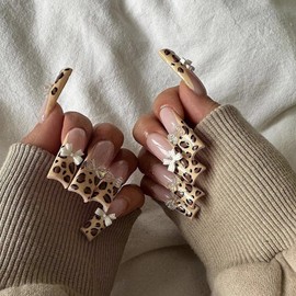 BABALAL French Tip Press on Nails Long Square Fake Nails Brown Cheetah Glue on Nails 3d Bow Charm Design Acrylic Nails 24Pcs Squoval Manicure False Nails for Women and Girls