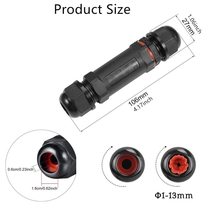 Cable Connector Waterproof IP68 3-Pole for 1-13 mm Cable Diameter,