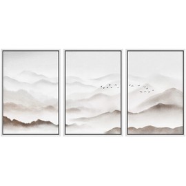 SIGNWIN Framed Canvas Print Wall Art Set Foggy Watercolor Mountain Range Sky Nature Wilderness Illustrations Modern Art Decorative Nordic Calm/Zen for Living Room, Bedroom, Office - 24"x36"x3 White