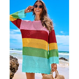 ANRABESS Women Swimsuit Crochet Swim Cover Up 2026 Summer Bathing Suit Swimwear Mesh Knit Beach Dress Vacation Outfits Rainbow Stripe Medium