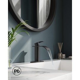 FORIOUS Waterfall Black Bathroom Faucets 1 or 3 Hole, Matte Black Single Handle Bathroom Sink Faucet with Metal Pop up Drain and Supply Hoses, Lead-Free Faucet for Bathroom Sink, Vanity
