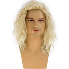 Qnbiar Long Blonde Curly Wig for Men Shoulder Length Wavy Hippie 60s 70s Them Party Cosplay Costume Anime Men Wig