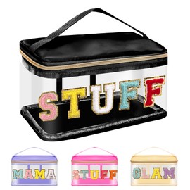 Iqimott Preppy Clear Makeup Cosmetic Bag for Women Travel, Nylon PVC Chenille Glitter Letter Toiletry Storage Tote Bag, Transparent Waterproof Organizer Zipper Pouch with Handle(Stuff, Black)