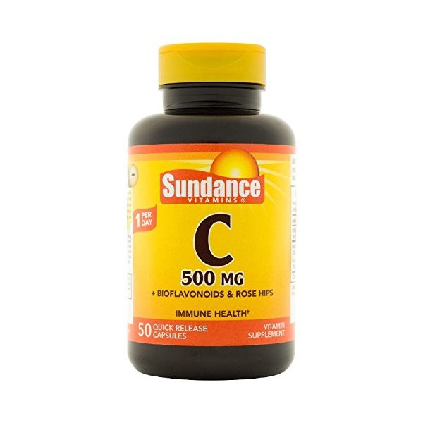 Sundance Vitamin C 500 mg Bioflavonoids and Wild Rose Hips Capsules, 50 Count