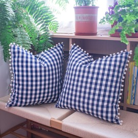 HOPLEE Summer Navy Blue Pillow Covers 18x18 Farmhouse Gingham Pillows Covers with Pom Pom for Home Decor 18x18 Inches Set of 2