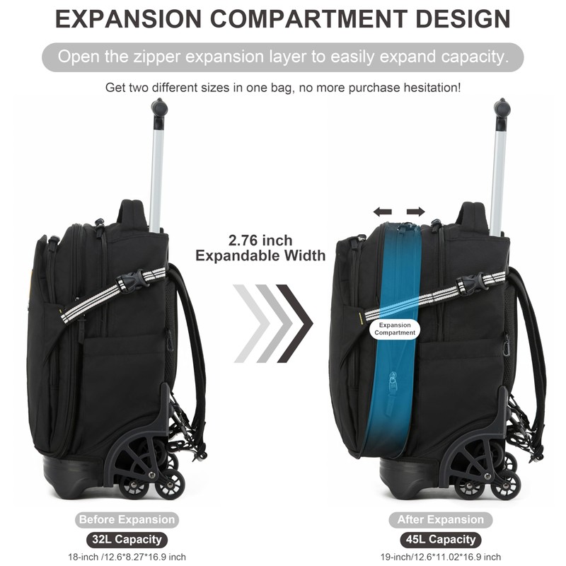 NEW TILAMI 18 Inch Expandable Rolling Backpack with 6-Wheel Stair