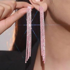 Long Dangle Earrings Rhinestone Earrings Silver Red Purple Orange Pink Black Earrings Sparkly Prom Dangling Chandelier Earrings Tassel Lightweight Ear Studs Crystal Statement Earrings