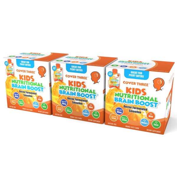 Cover Three Kids Brain Supplement Smoothie, Omega 3 Liquid Childrens DHA Fish Oil - Emotional, Physical Health - Focus and Attention, Heart, Vision Support, 20 Pouches (Orange) (3 Boxes)