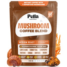 Pella Nutrition Organic Mushroom Instant Coffee (60 Servings) with 7 Superfood Mushrooms, Great Tasting, Includes Lion's Mane, Reishi, Chaga, Cordyceps, Shiitake, Maitake, and Turkey Tail