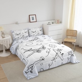 Feelyou Kids Airplane Comforter Set Twin Size Flight Bedding Set for Boys Girls Teens Decor Cloud Travel Comforter Aircraft Black White Duvet Set with 1 Pillow Case Boys