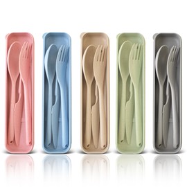 Jumbo Reusable Travel Utensils Set con Estuche, Juego de Cubiertos para Lunch, Juego de Cubiertos Portatiles para Viajes, Trabajo, Escuela, Picnic, Camping o Uso Diario (5 pcs color claro)