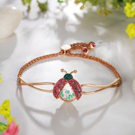 superchic Ladybug Bracelet Friendship with Pink & Green Austrian Crystals and Cubic Zirconia in Rose Gold Plating