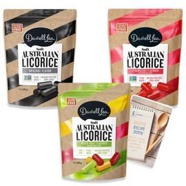 Darrell Lea Soft Australian Licorice Variety Pack of 3, 1 of each (Original Black, Strawberry, Mixed Fruit) 21 oz net, Vegan, Non-GMO, Palm Oil Free, No Preservatives & Artificial Flavors, Aussie Made