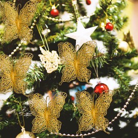 16 PCS Christmas Glitter Butterfly Ornament Christmas Hollow Gold Butterfly Hanging for Christmas Tree Decoration with Clips, Xmas Glitter Hollow Butterfly Hanging Decoration for Xmas Wreath