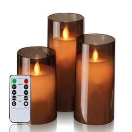 Homemory Gray Flickering Flameless Candles, Battery Operated Acrylic LED Pillar Candles with Remote Control and Timer, Set of 3