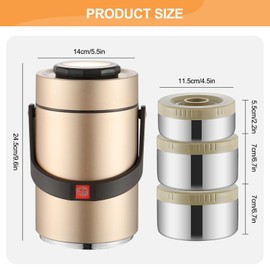 3-Tier Stackable Insulated Food Jar, 2.3L Portable Bento Lunch Box, 304 Stainless Steel Vacuum Insulated Barrel for Hot & Cold Food, Food Container for Office, Travel, Picnic, Outdoor (Gold)