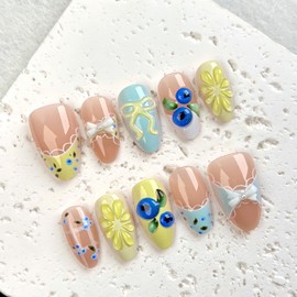 30Pcs 3D Lemon Blueberry Press on Nails Short Almond Fake Nails with Bow Design Reusable Acrylic False Nails Cute Summer Fruit Themed Glossy Full Cover Stick on Nails for Women DIY Acrylic Nails Kit