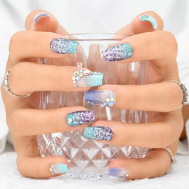 Sethexy Medium Ballerina False Nails Rhinestone Glitter Nails for Press On Green Colour Gradient False Nails Shiny for Women and Girls 24 Pieces (4)
